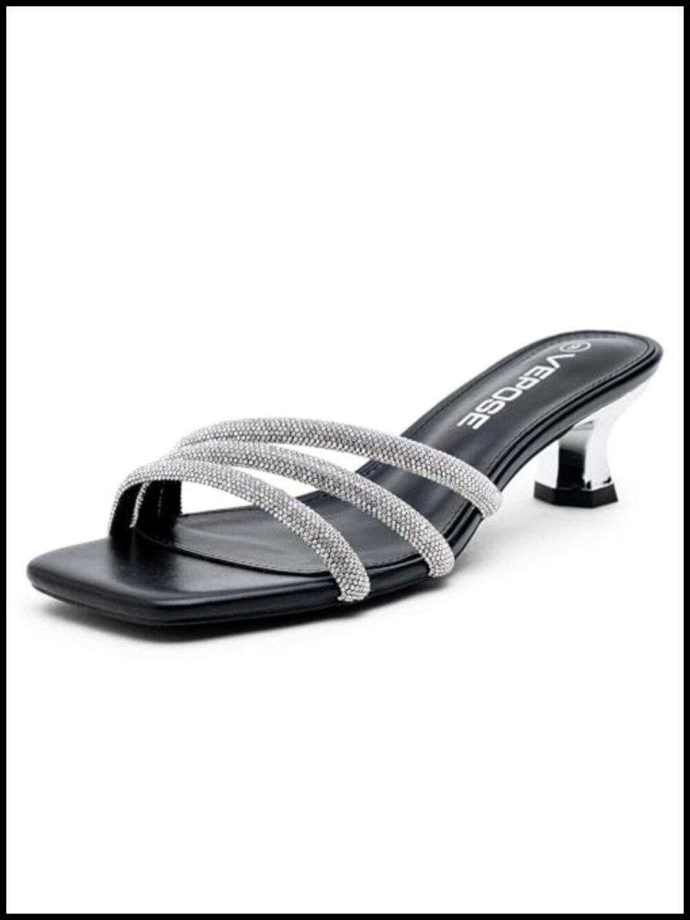 Rhinestone Kitten Heel Sandals Square Open Toe Mules Slip-On